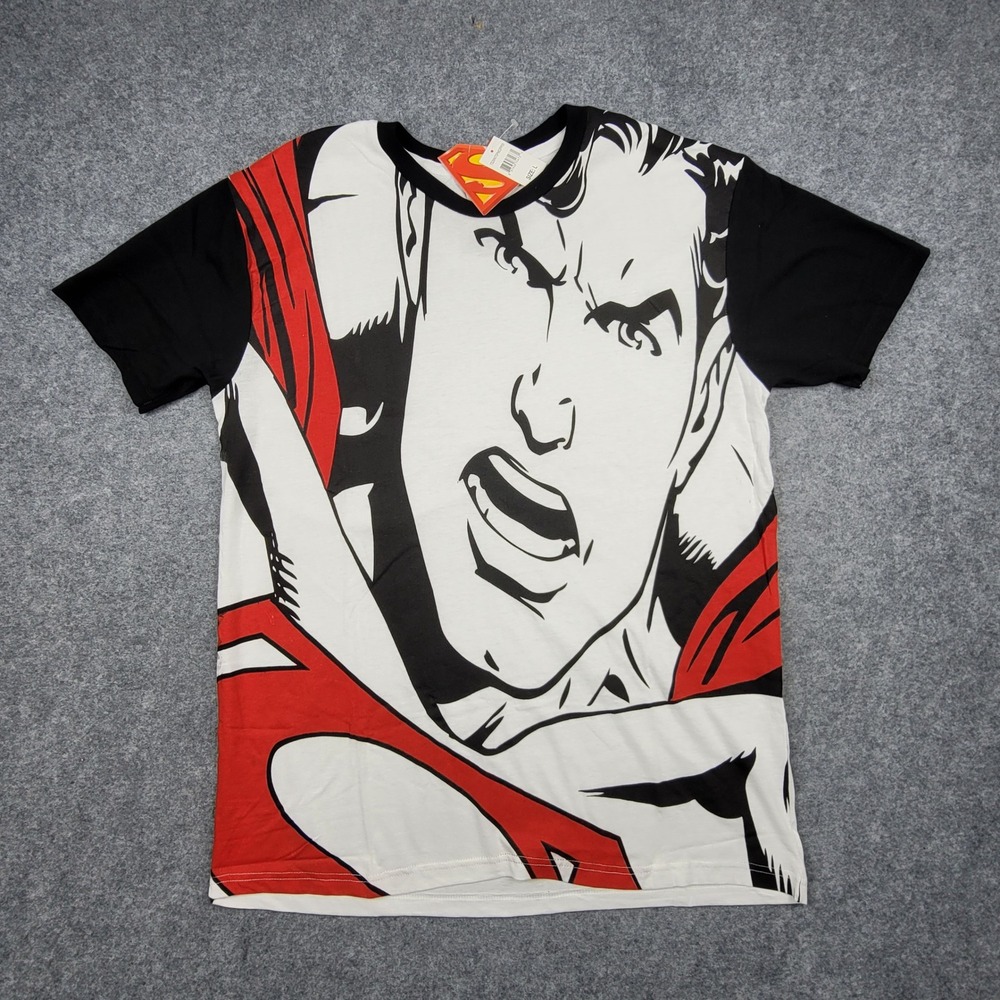 Superman DC Comics Graphic T-Shirt White Black Red Large Short Sleeve Ringer Tee